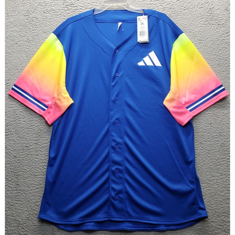 Adidas Baseball Jersey Mens 2XL Multi Embroidered Logo Short Sleeve Button Front